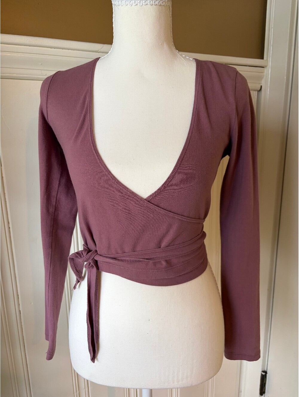 Urban Outfitters Balletcore Wrap Top XS Mauve Long Sleeve Tie Waist